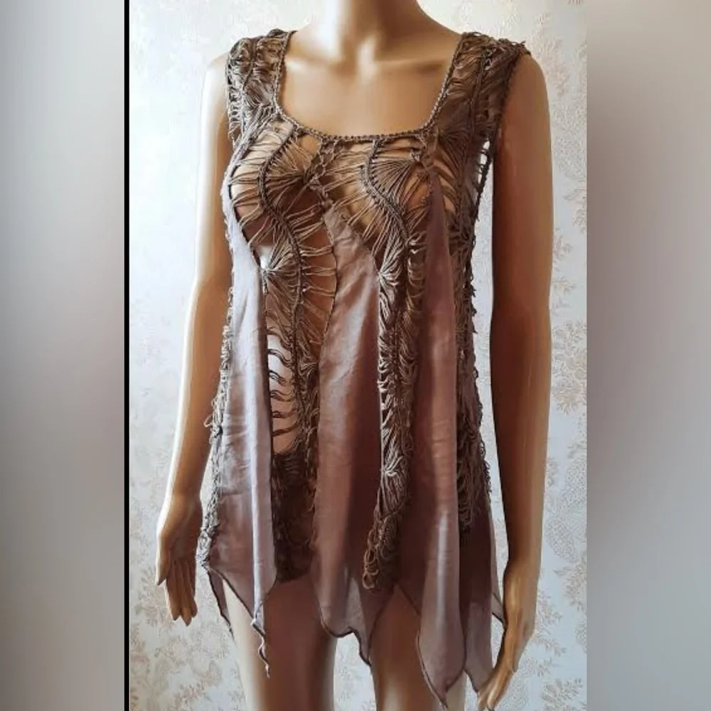 Asymmetrical Brown Crochet Tank Top NWT - Picture 1 of 5